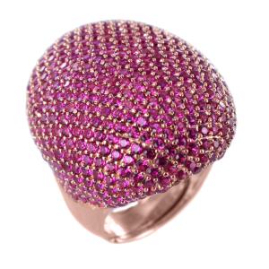 Anello grande in argento rosa tempestato da zirconi fucsia a pave  - gallery