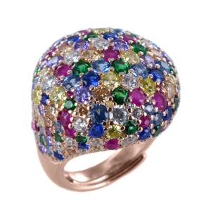 Anello grande in argento rosa tempestato da zirconi rainbow a pave  - gallery