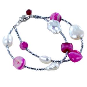 Bracciale in argento con perle Barocche e Agata fucsia - gallery