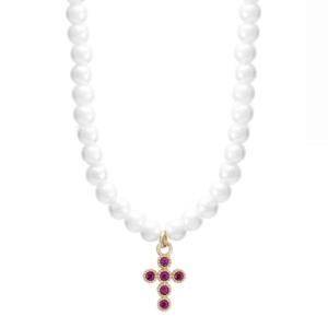 Collana filo di perle con Croce in argento dorato e zirconi rossi - gallery