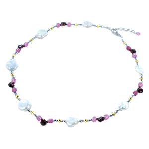 Collana in argento con Perle, Granato e Agata rosa - gallery