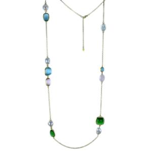 Collana lunga con pietre colorate in argento dorato con perle - gallery