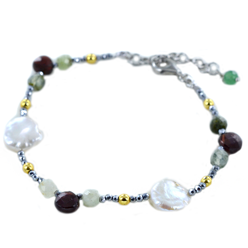 Bracciale in argento con perle e Prehnite