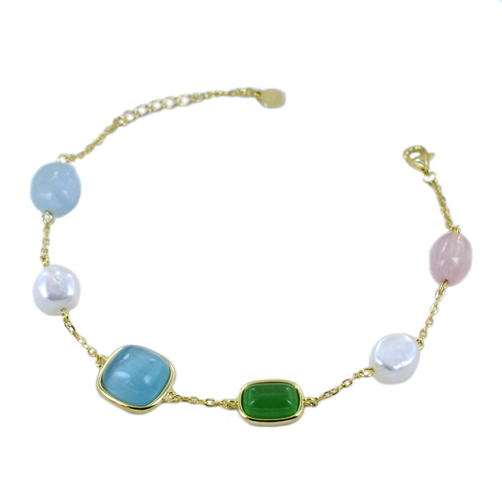 Bracciale in argento dorato e pietre colorate con perle