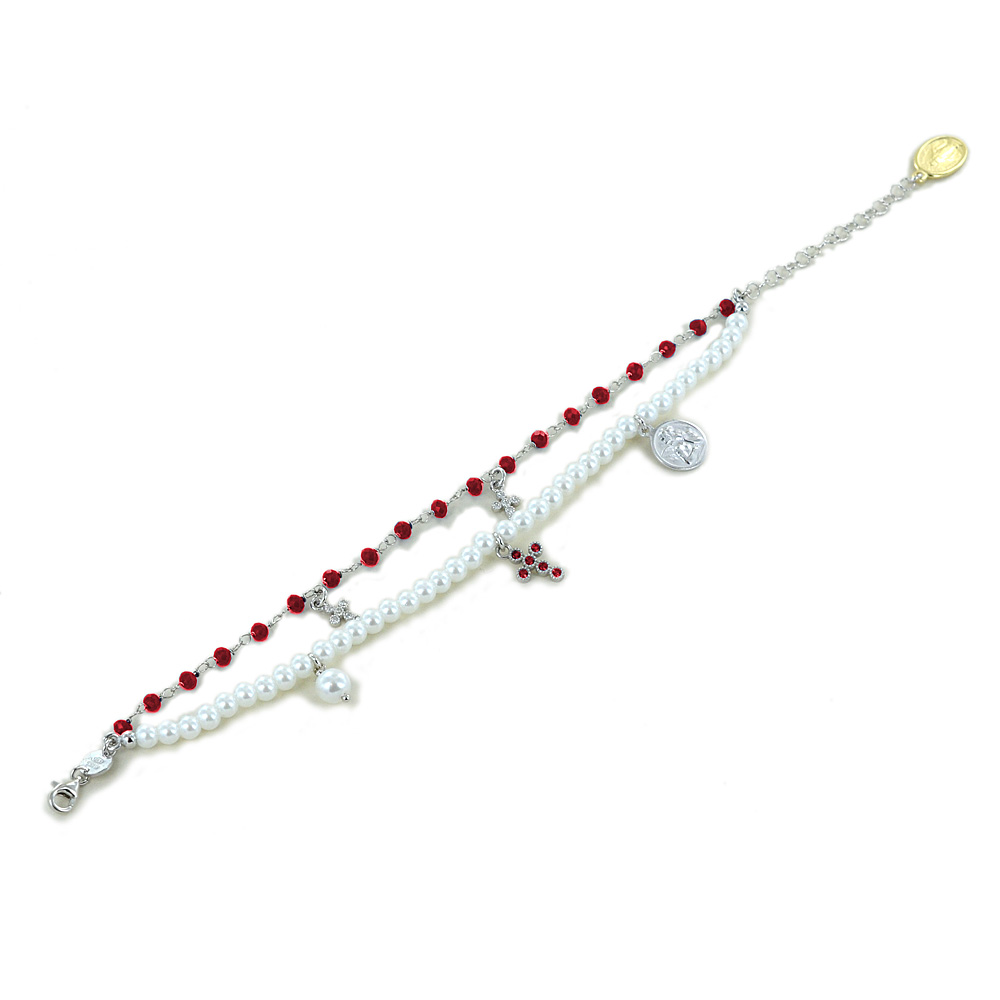 Bracciale religioso Agios gioielli con perle Angelo Cherubino e cristalli rossi