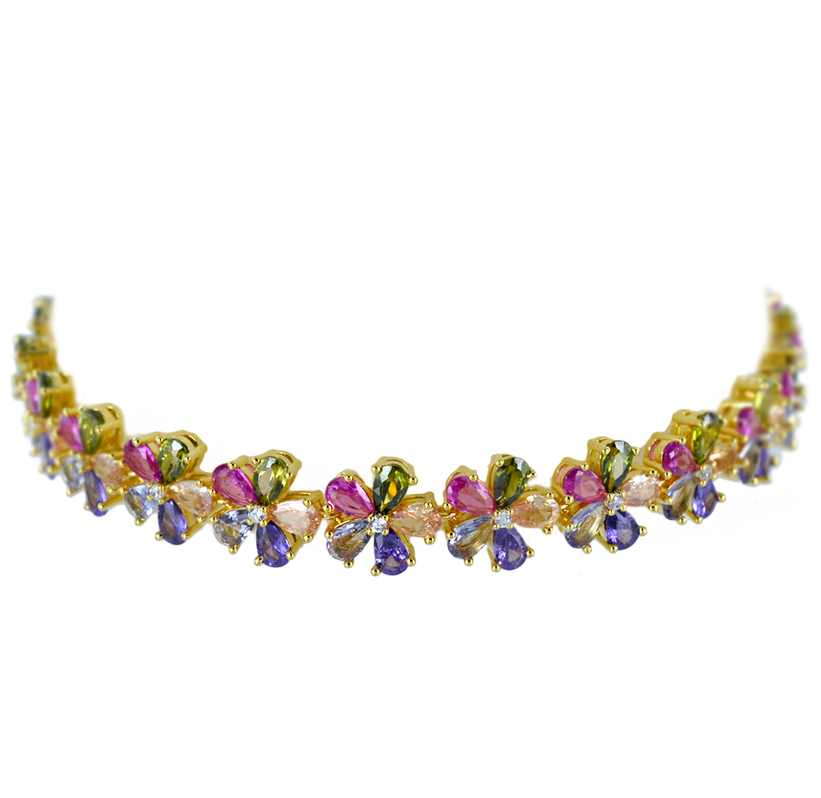 Braccialetto Fiori colorati in argento dorato con zirconi 