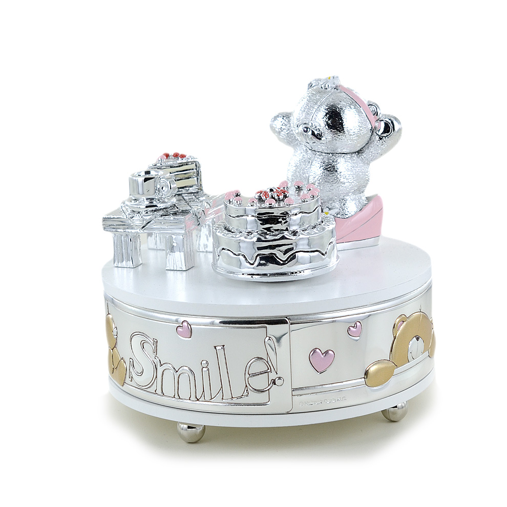Carillon da bambina con orsetto argento e smalti rosa