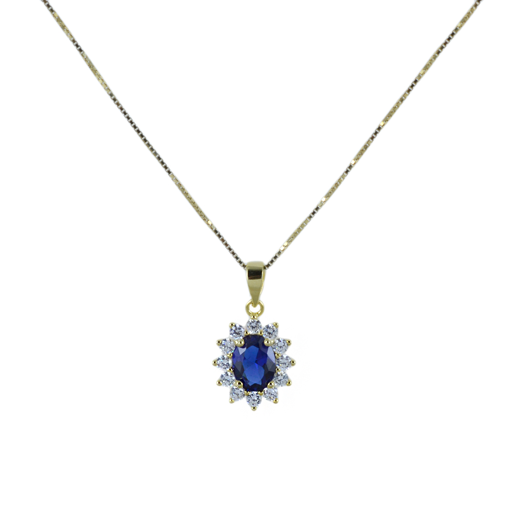 Collana pendente rosetta in argento dorato e zircone blu zaffiro