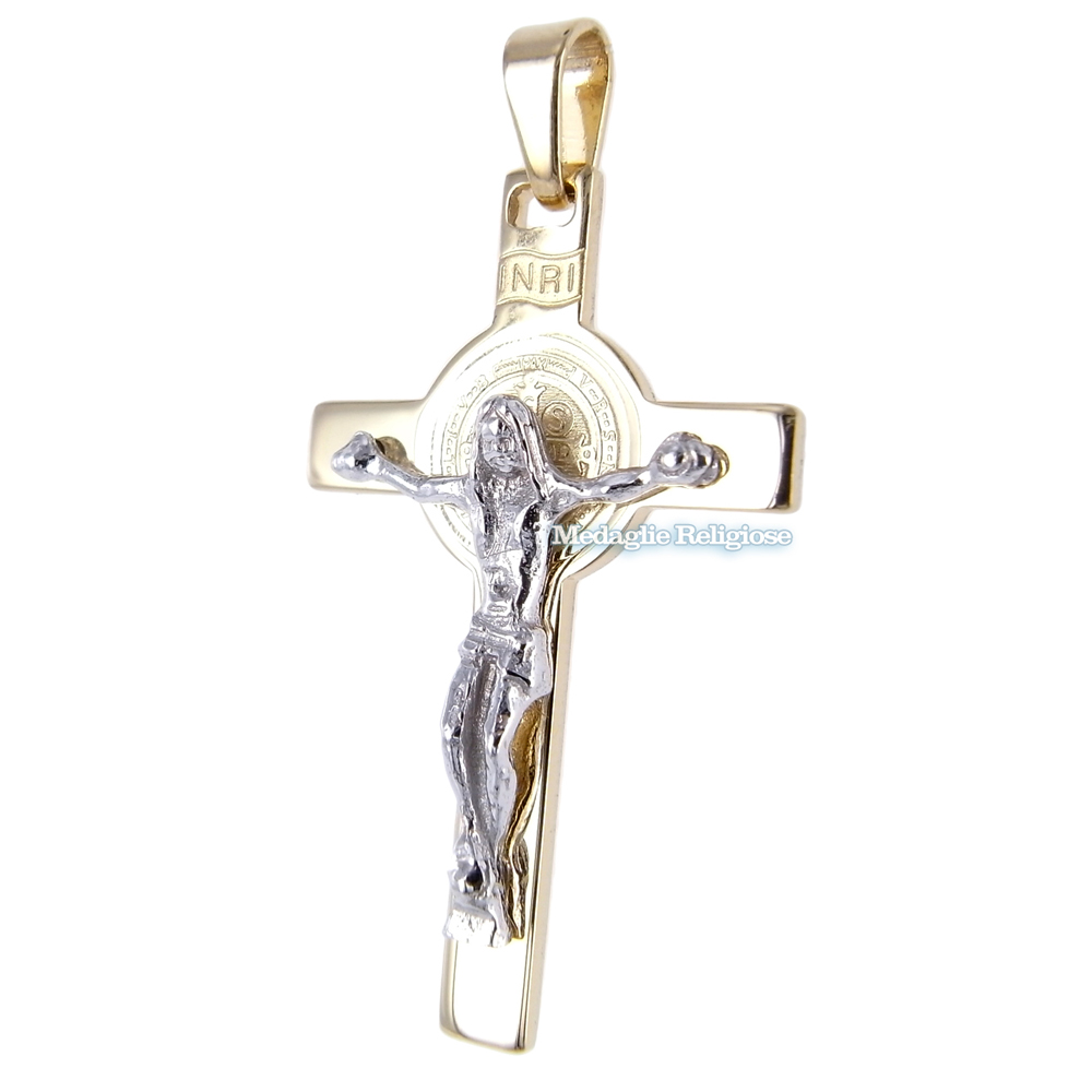 Croce di San Benedetto in oro bianco con medaglia