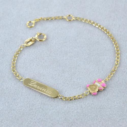 Bracciale da bambina in oro con orsetto rosa e targhetta