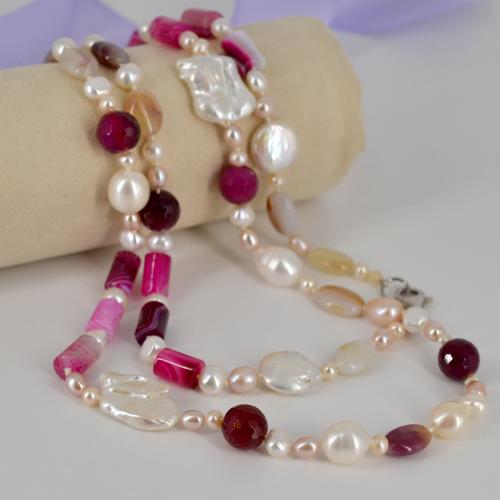 Collana in argento con Perle Agata e Quarzo rosa