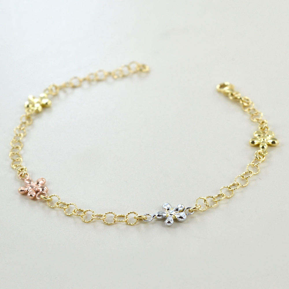 Bracciale da bambina in oro giallo bianco e rosa con Fiori