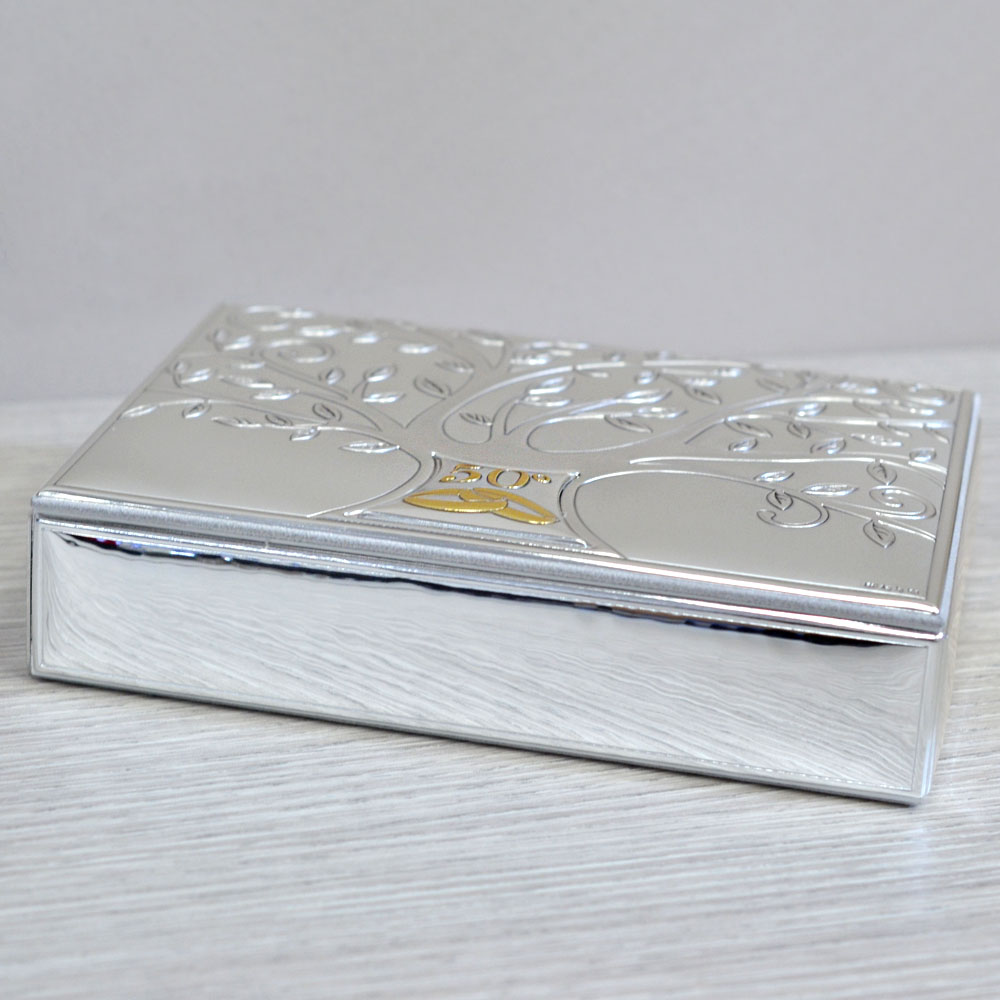 Cofanetto Anniversario 50 Nozze d oro in argento laminato 18 X 13 cm